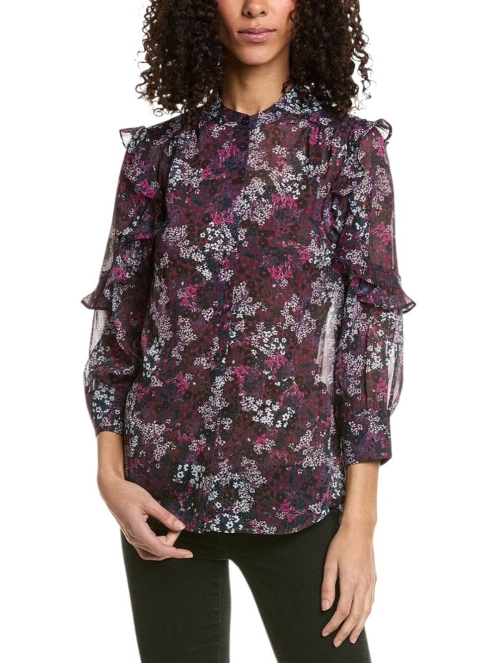 Ted Baker Chesco Floral Print Ruffle Semi-Sheer Blouse Dark Blue/Pink/Purple - 2